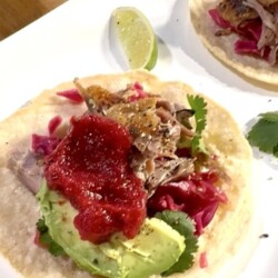Handmade Tacos with Homemade Duck Confit, Grand Marnier Cranberry Relish & Pickled Purple Cabbage