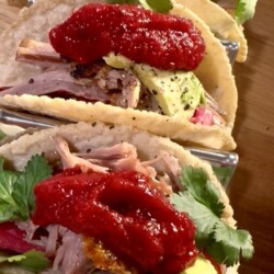 Handmade Tacos with Homemade Duck Confit, Grand Marnier Cranberry Relish & Pickled Purple Cabbage