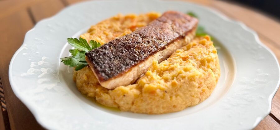 CHEZ FRANCOIS COOKING: CRISPY-SKIN SALMON WITH ROOT VEGETABLE MASH